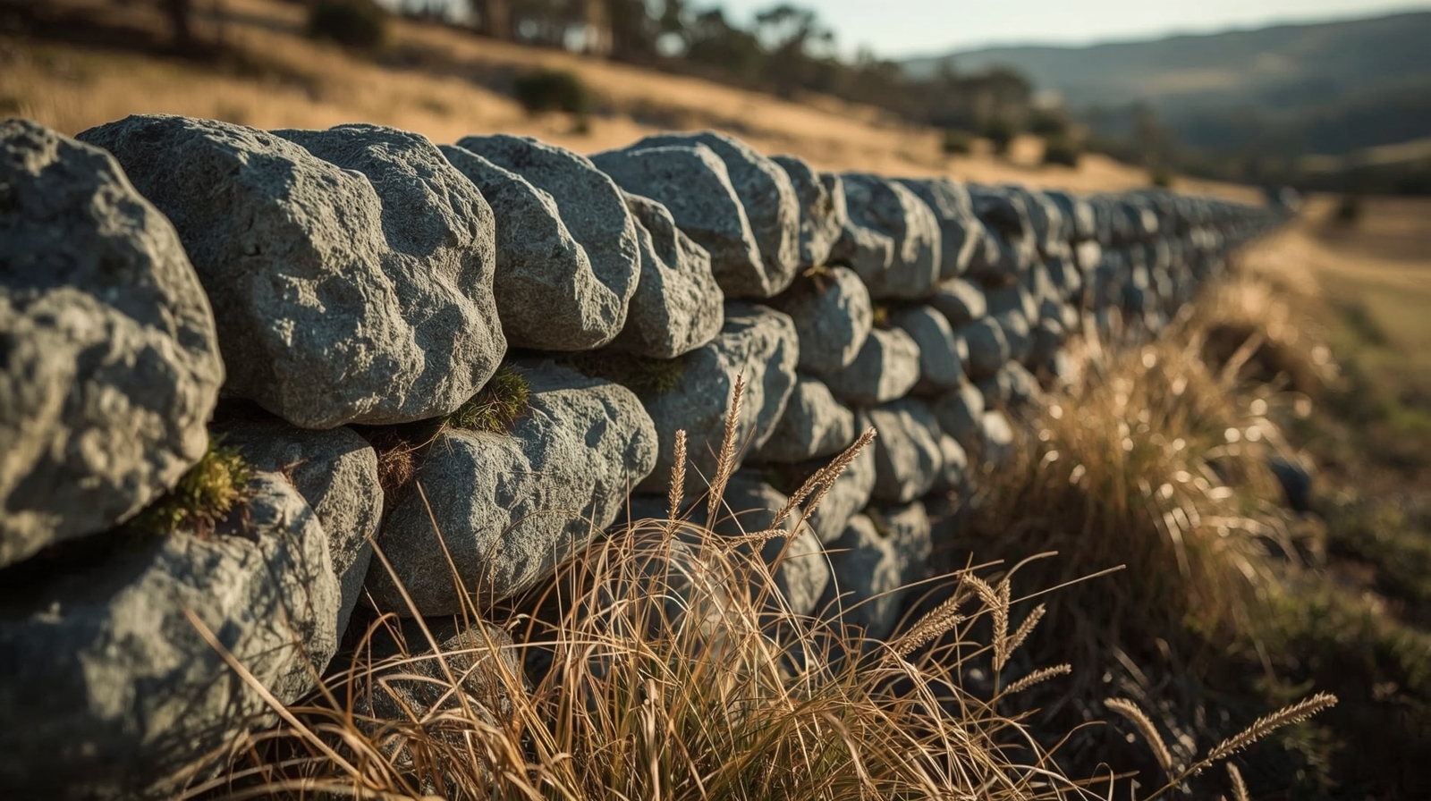 Dry-stone wall detail with native grasses, Hartley Homestead