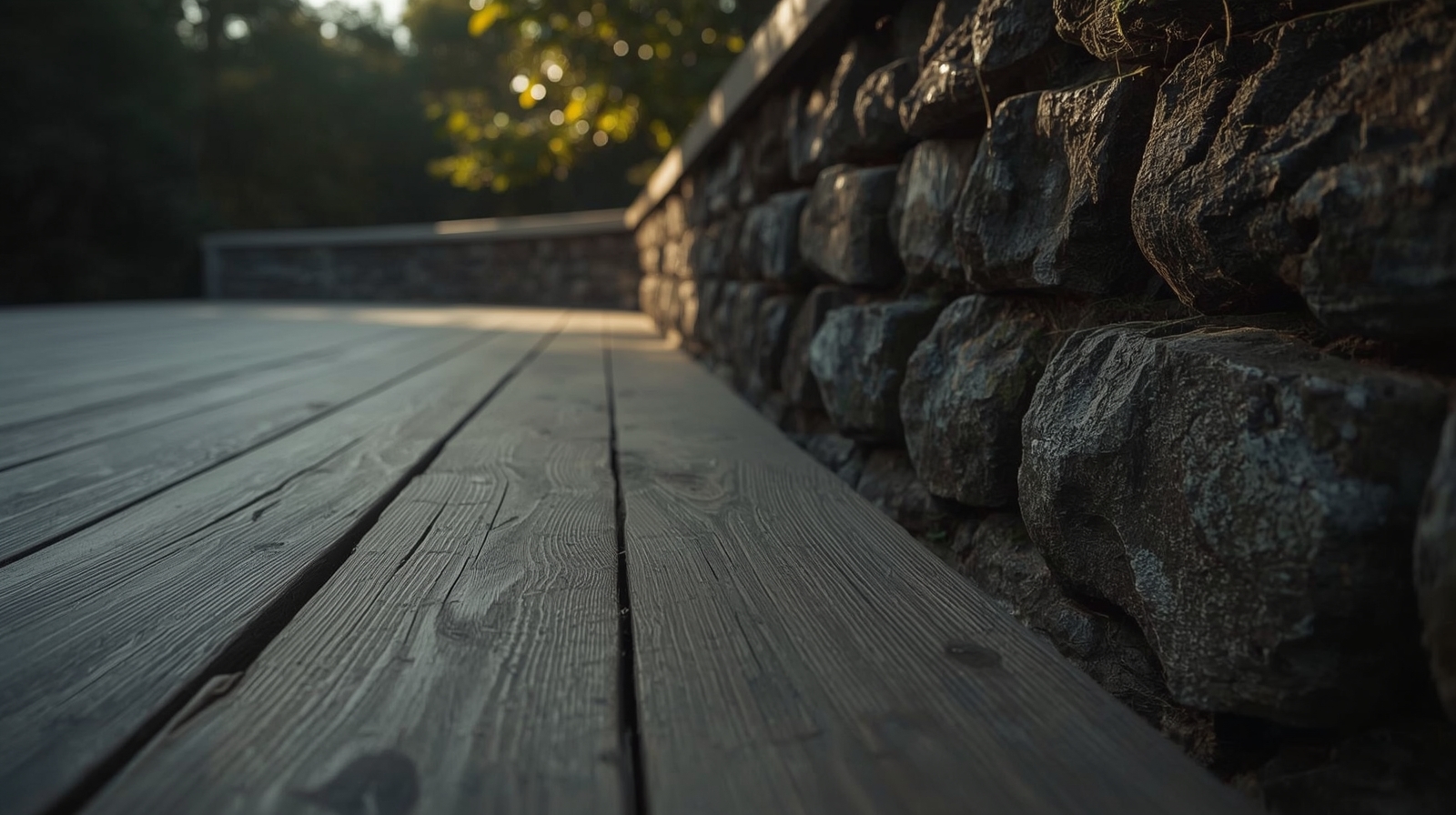 Weathered hardwood deck surface meeting dry-stone retaining wall